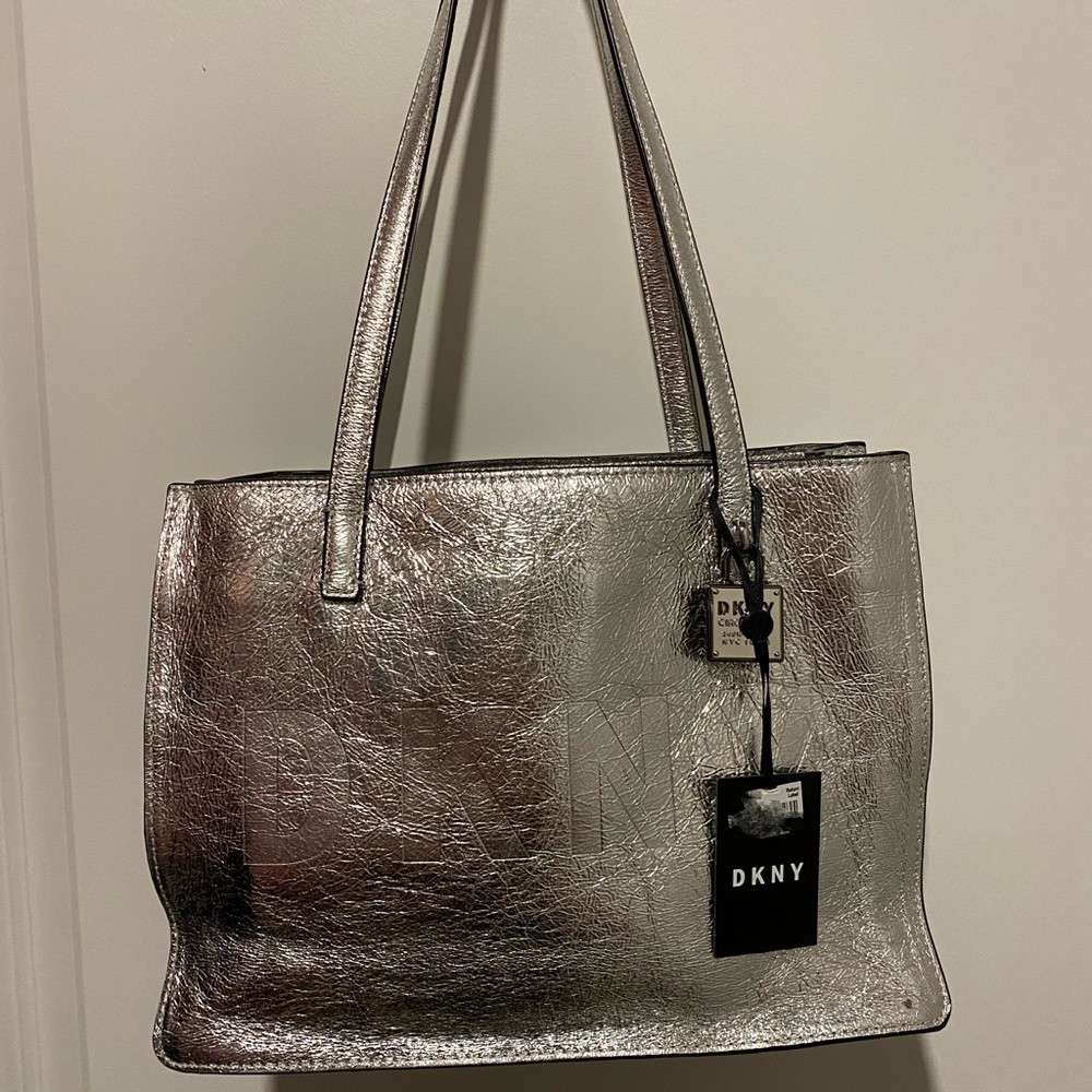 DKNY Commuter Leather Tote Metallic Silver